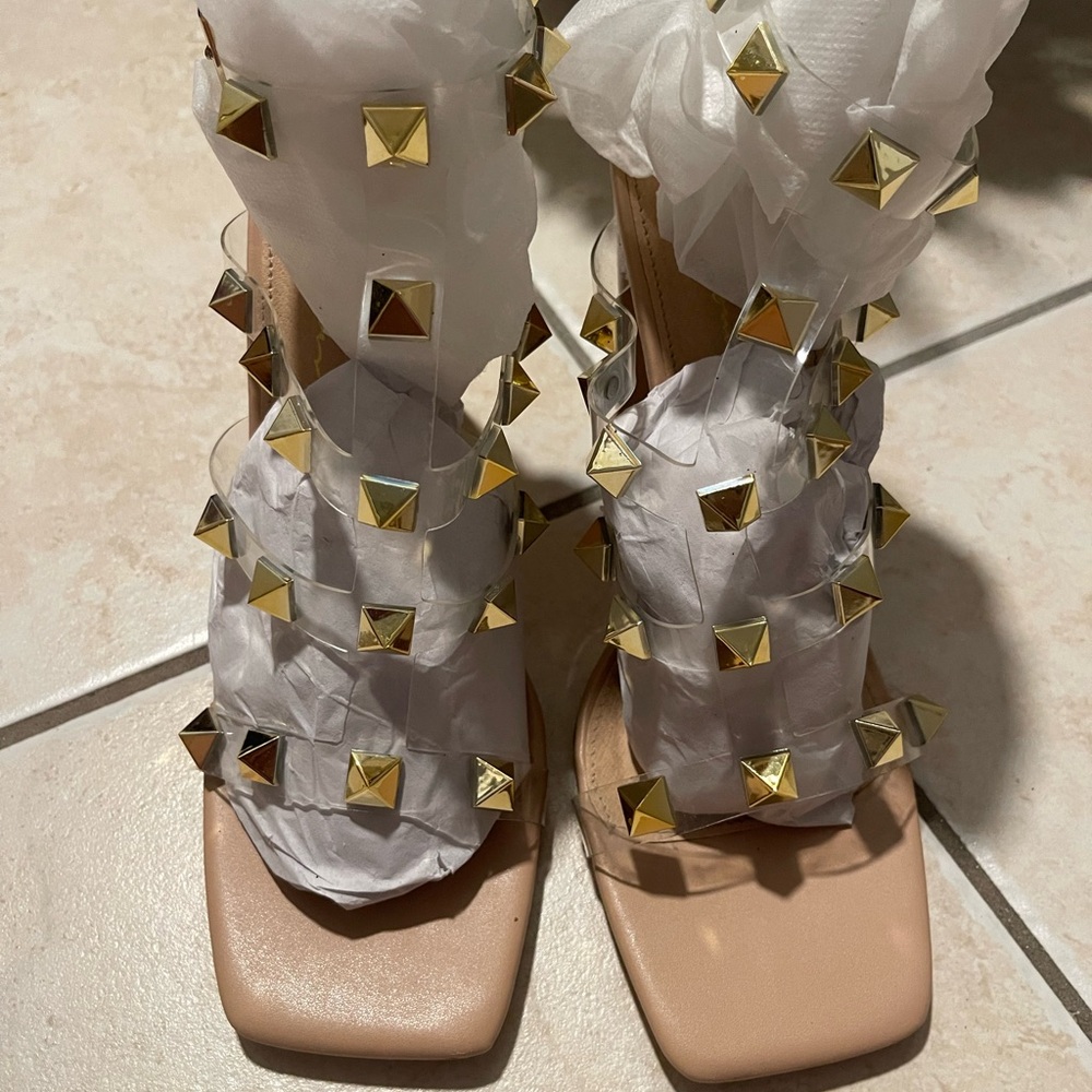 Elegant Beige Women's Shoes with Gold Studs